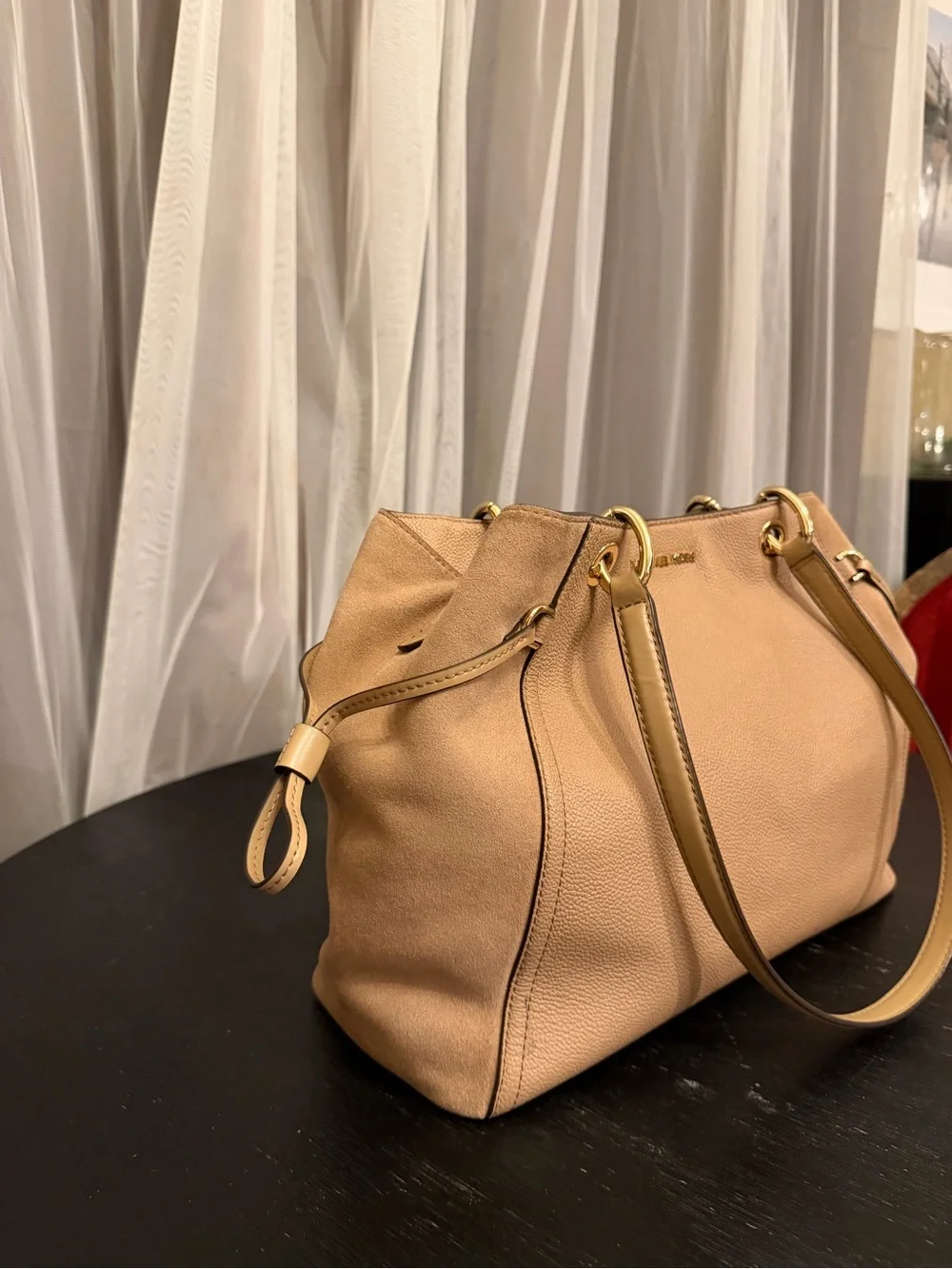 Michael Kors Large Taupe Pebbled Leather & Suede Shoulder Tote Bag